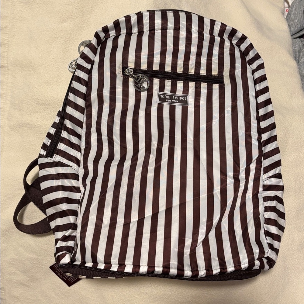 NEW NWT Henri Bendel Zip-Around Packable Backpack Brown Stripe Travel Bag